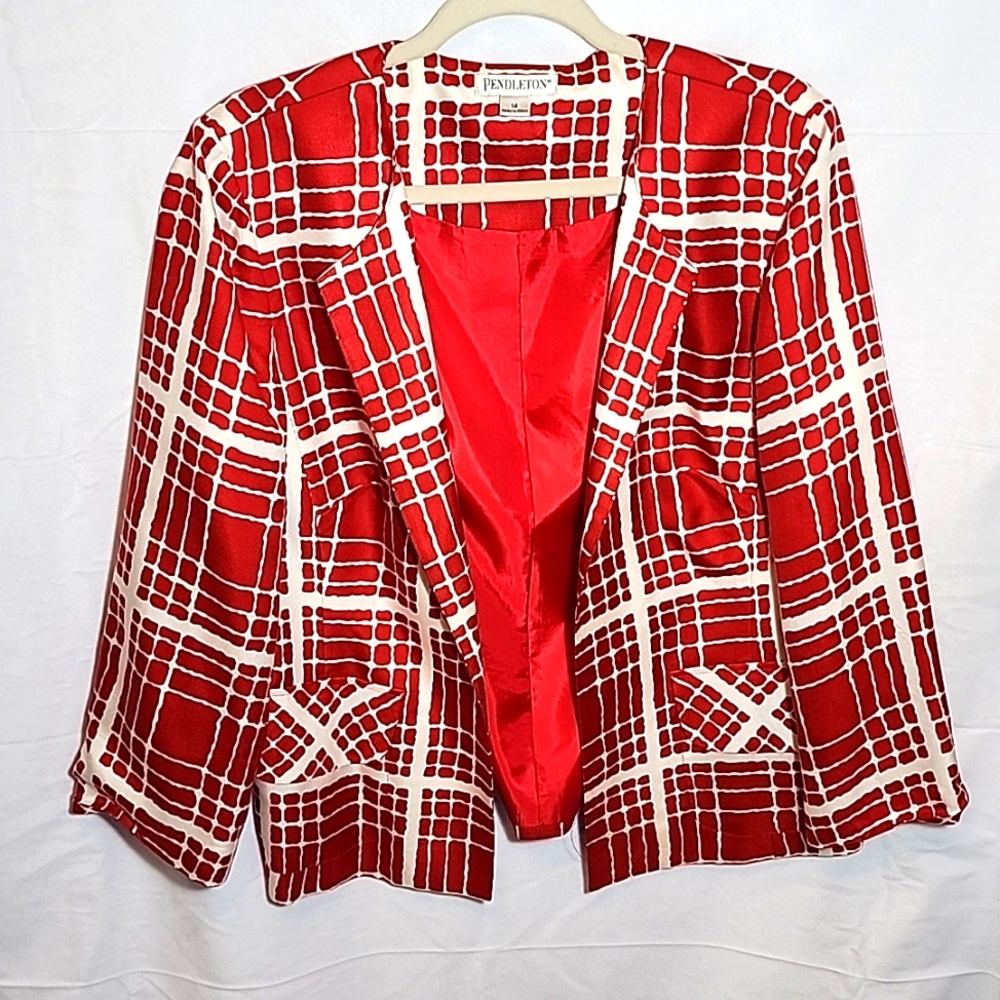 Vtg. Pendleton Silk Red & White Design 3/4-sleeves Plaid Blazer/Jacket 14 Lux